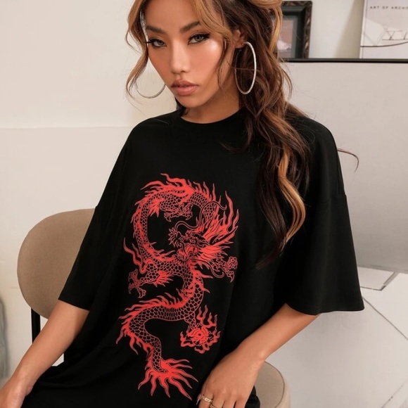 SHEIN Tops - Chinese Dragon Graphic Oversized T-Shirt